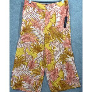 Tahari Womens Tropical Print Linen Pants XL Yellow & Pink